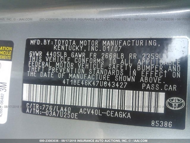 4T1BE46K47U643427 - 2007 TOYOTA CAMRY NEW GENERAT CE/LE/XLE/SE Light Blue photo 9