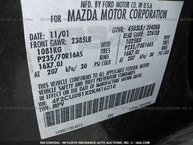 4F2CU081X2KM16210 - 2002 MAZDA TRIBUTE LX/ES 灰色 照片 9