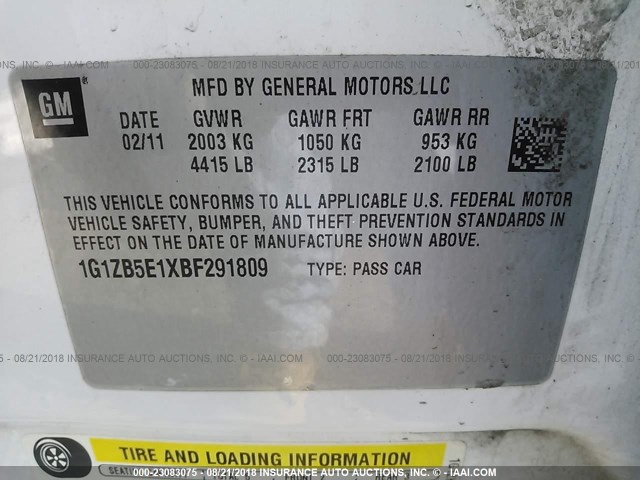 1G1ZB5E1XBF291809 - 2011 CHEVROLET MALIBU LS Ağ foto 9