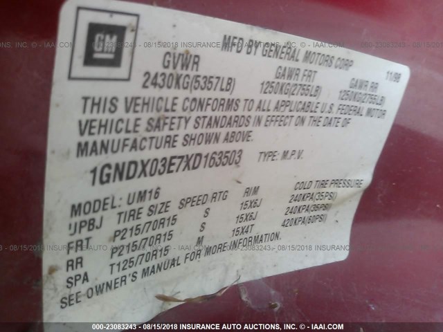 1GNDX03E7XD163503 - 1999 CHEVROLET VENTURE RED photo 9