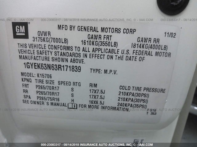 1GYEK63N63R171839 - 2003 CADILLAC ESCALADE LUXURY თეთრი ფოტო 9