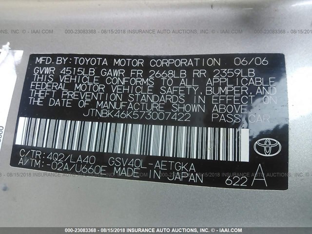 JTNBK46K573007422 - 2007 TOYOTA CAMRY NEW GENERAT LE/XLE/SE GOLD photo 9
