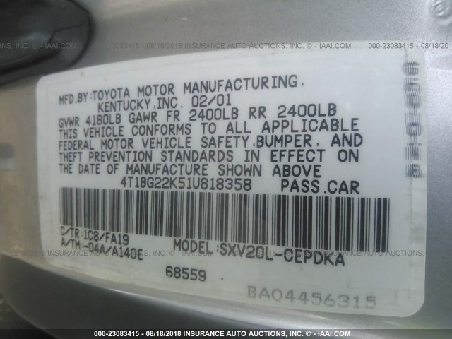 4T1BG22K51U818358 - 2001 TOYOTA CAMRY CE/LE/XLE 棕色 照片 9