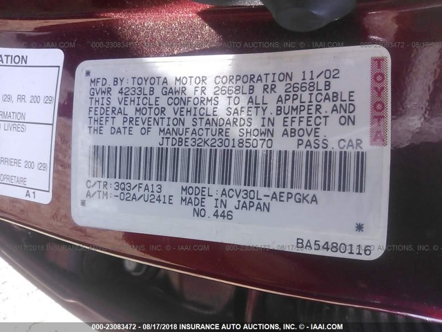 JTDBE32K230185070 - 2003 TOYOTA CAMRY LE/XLE RED photo 9