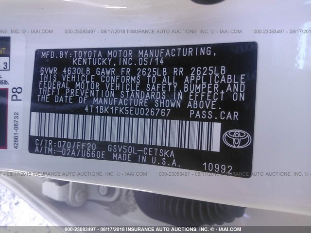 4T1BK1FK5EU026767 - 2014 TOYOTA CAMRY SE/XLE WHITE photo 9