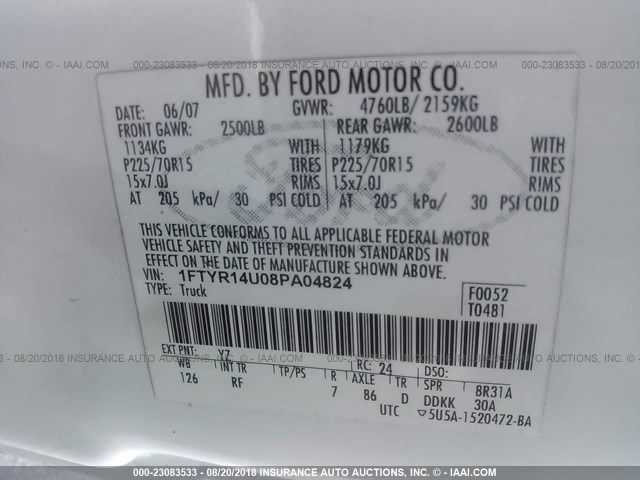 1FTYR14U08PA04824 - 2008 FORD RANGER SUPER CAB WHITE photo 9