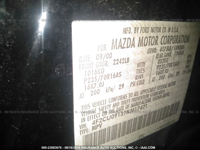 4F2CU09131KM17471 - 2001 MAZDA TRIBUTE LX/ES 黑色 照片 9