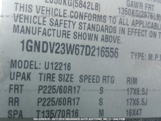 1GNDV23W67D216556 - 2007 CHEVROLET UPLANDER LS WHITE photo 9