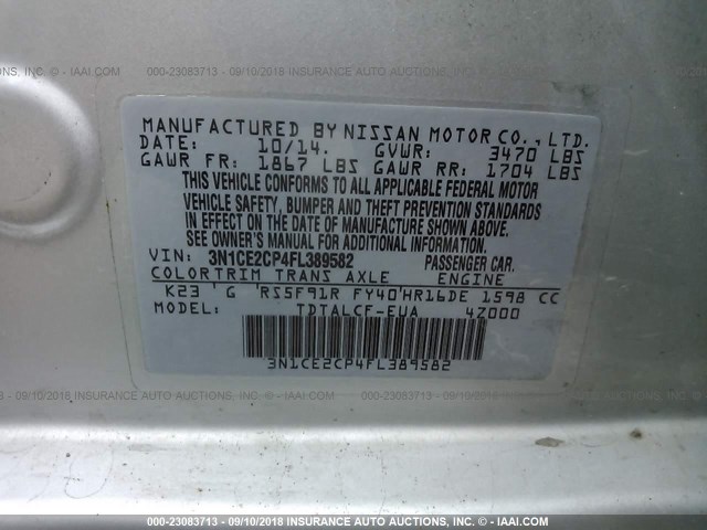 3N1CE2CP4FL389582 - 2015 NISSAN VERSA NOTE S/S PLUS/SV/SL/SR GRAY photo 9