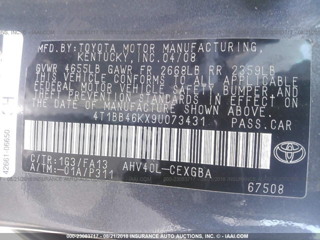 4T1BB46KX9U073431 - 2009 TOYOTA CAMRY HYBRID GRAY photo 9