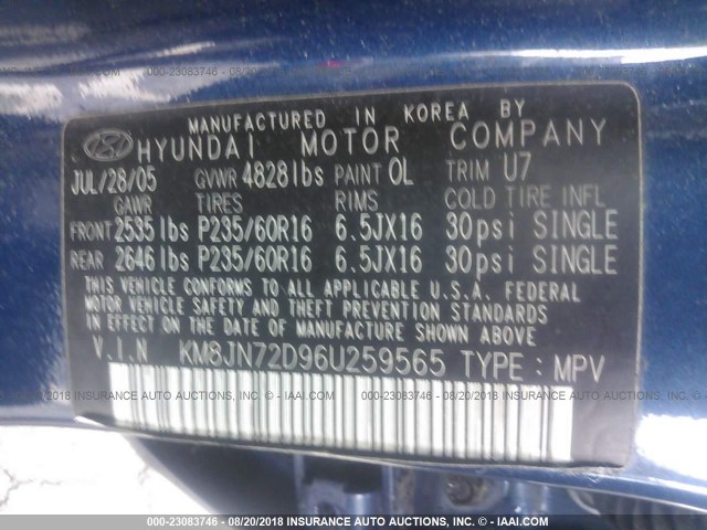 KM8JN72D96U259565 - 2006 HYUNDAI TUCSON GLS/LIMITED BLUE photo 9