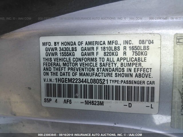 1HGEM22344L080521 - 2004 HONDA CIVIC DX VP SILVER photo 9