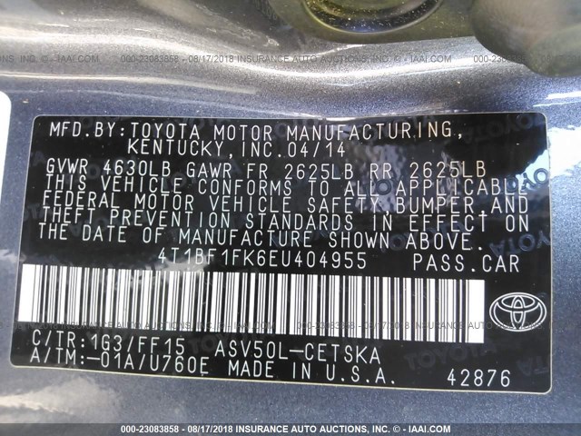 4T1BF1FK6EU404955 - 2014 TOYOTA CAMRY L/SE/LE/XLE ნაცრისფერი ფოტო 9