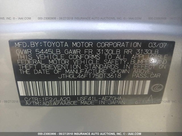 JTHGL46F175013618 - 2007 LEXUS LS 460L SILVER photo 9