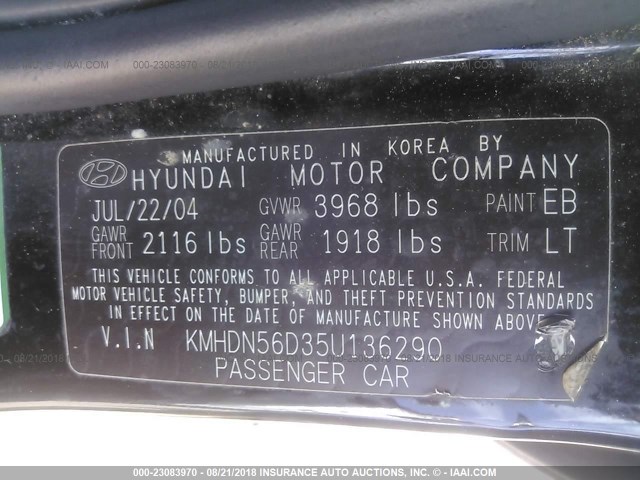 KMHDN56D35U136290 - 2005 HYUNDAI ELANTRA BLACK photo 9