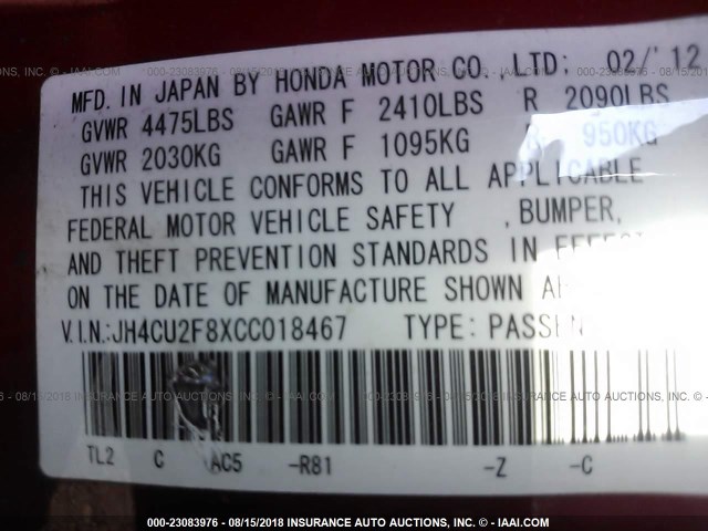 JH4CU2F8XCC018467 - 2012 ACURA TSX SE RED photo 9