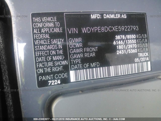 WDYPE8DCXE5922793 - 2014 FREIGHTLINER 2500 SPRINTER 2500 GRAY photo 9