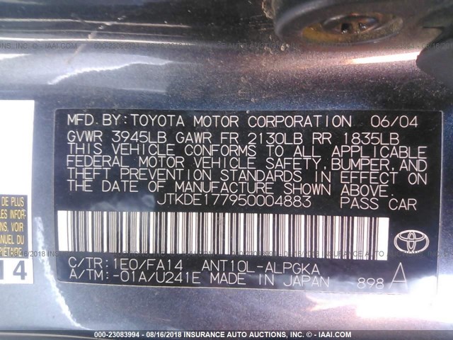 JTKDE177950004883 - 2005 TOYOTA SCION TC BLACK photo 9