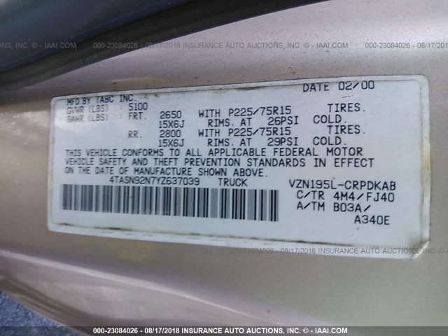 4TASN92N7YZ637039 - 2000 TOYOTA TACOMA XTRACAB PRERUNNER ოქროსფერი ფოტო 9