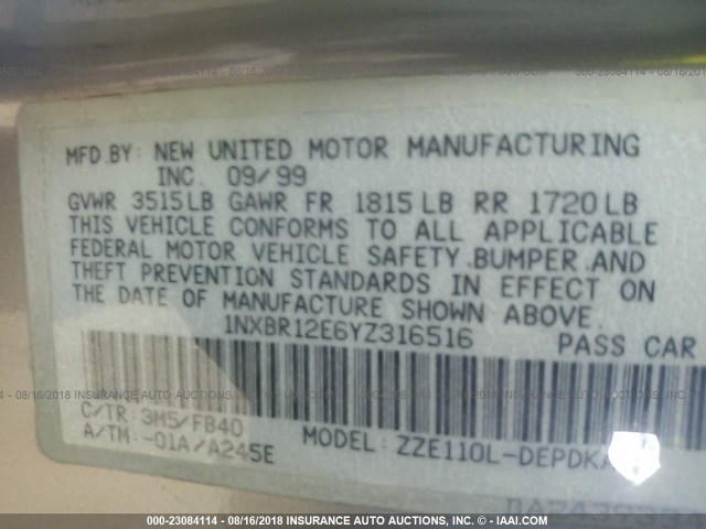 1NXBR12E6YZ316516 - 2000 TOYOTA COROLLA VE/CE/LE 金色 照片 9