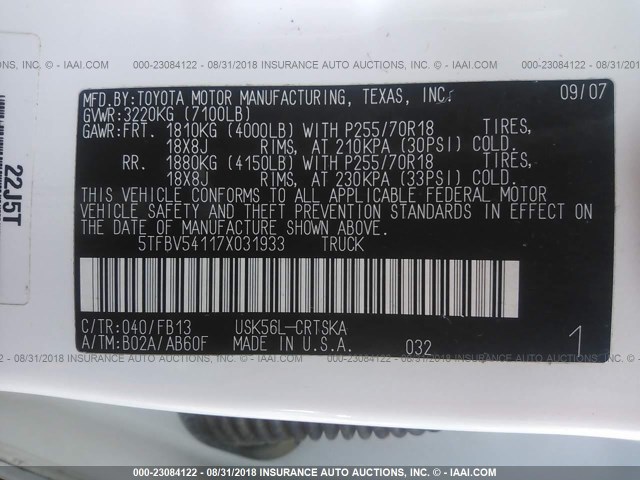 5TFBV54117X031933 - 2007 TOYOTA TUNDRA DOUBLE CAB SR5 GRAY photo 9