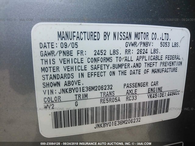 JNKBY01E36M206232 - 2006 INFINITI M45 SPORT SILVER photo 9