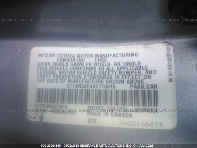 2T1KR32E43C113615 - 2003 TOYOTA COROLLA MATRIX XR BLUE photo 9