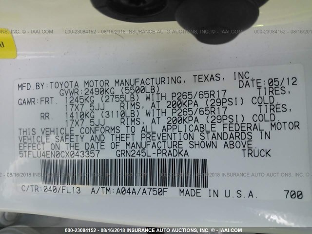 5TFLU4EN0CX043357 - 2012 TOYOTA TACOMA DOUBLE CAB WHITE photo 9