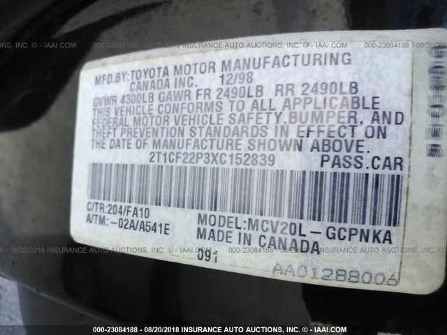 2T1CF22P3XC152839 - 1999 TOYOTA CAMRY SOLARA SE/SLE შავი ფოტო 9