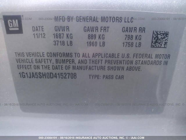 1G1JA5SH0D4152708 - 2013 CHEVROLET SONIC LS 银色 照片 9