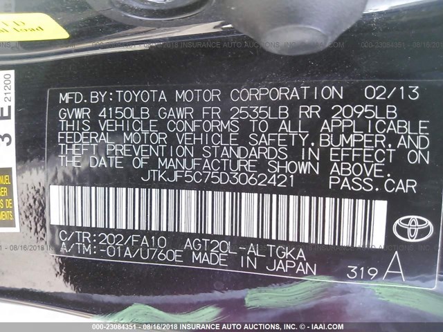 JTKJF5C75D3062421 - 2013 TOYOTA SCION TC 黑色 照片 9