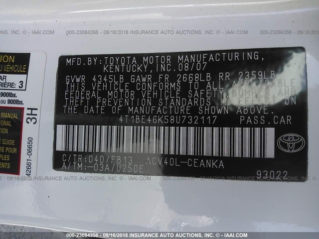 4T1BE46K58U732117 - 2008 TOYOTA CAMRY CE/LE/XLE/SE WHITE photo 9