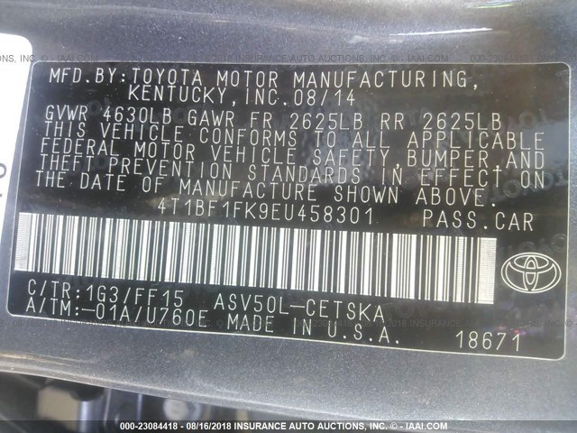 4T1BF1FK9EU458301 - 2014 TOYOTA CAMRY L/SE/LE/XLE 灰色 照片 9