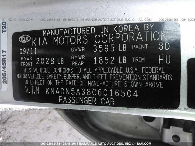 KNADN5A38C6016504 - 2012 KIA RIO EX/SX SILVER photo 9