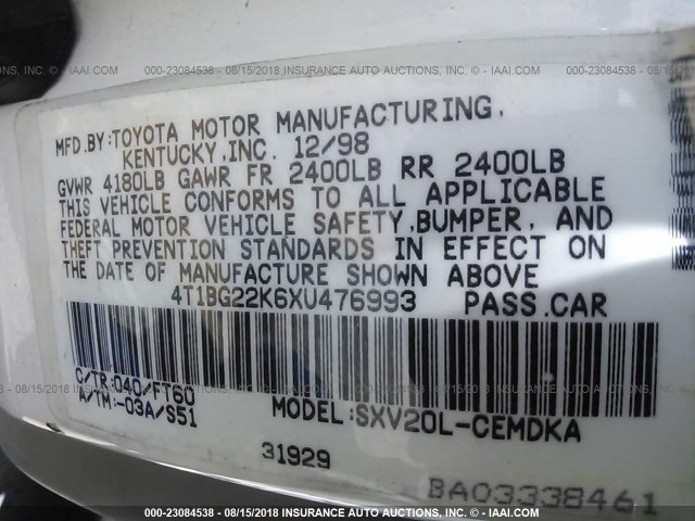 4T1BG22K6XU476993 - 1999 TOYOTA CAMRY CE/LE/XLE WHITE photo 9