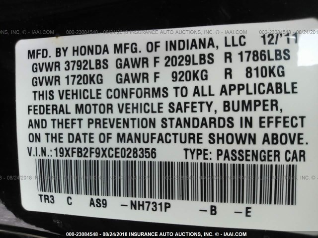 19XFB2F9XCE028356 - 2012 HONDA CIVIC EXL 黑色 照片 9