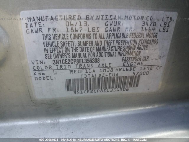 3N1CE2CP8EL356308 - 2014 NISSAN VERSA NOTE S/S PLUS/SV/SL GRAY photo 9