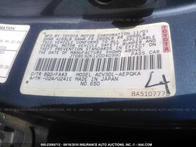 JTDBE32K120040990 - 2002 TOYOTA CAMRY LE/XLE/SE Mavi foto 9