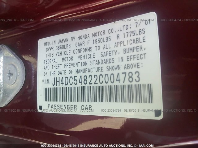 JH4DC54822C004783 - 2002 ACURA RSX RED photo 9