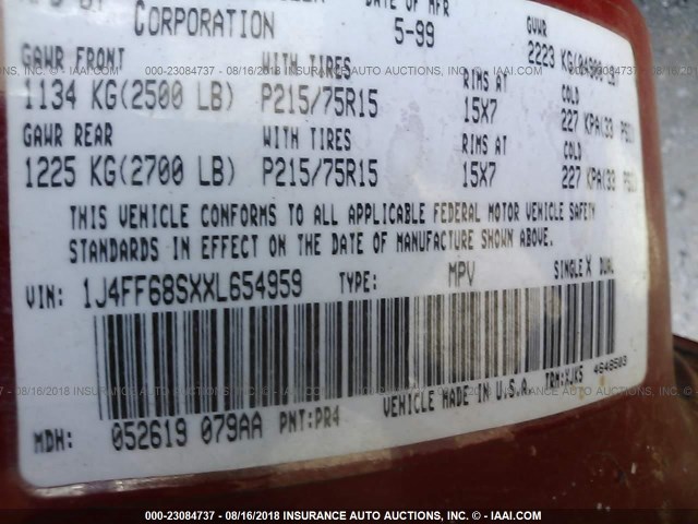 1J4FF68SXXL654959 - 1999 JEEP CHEROKEE SPORT/CLASSIC წითელი ფოტო 9