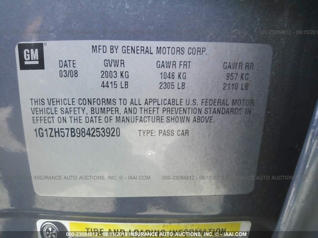 1G1ZH57B984253920 - 2008 CHEVROLET MALIBU 1LT GRAY photo 9