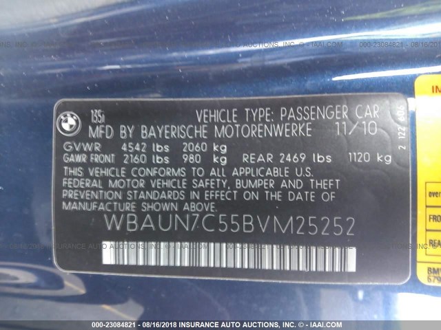 WBAUN7C55BVM25252 - 2011 BMW 135 I BLUE photo 9