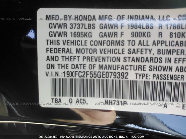 19XFC2F55GE079392 - 2016 HONDA CIVIC LX BLACK photo 9