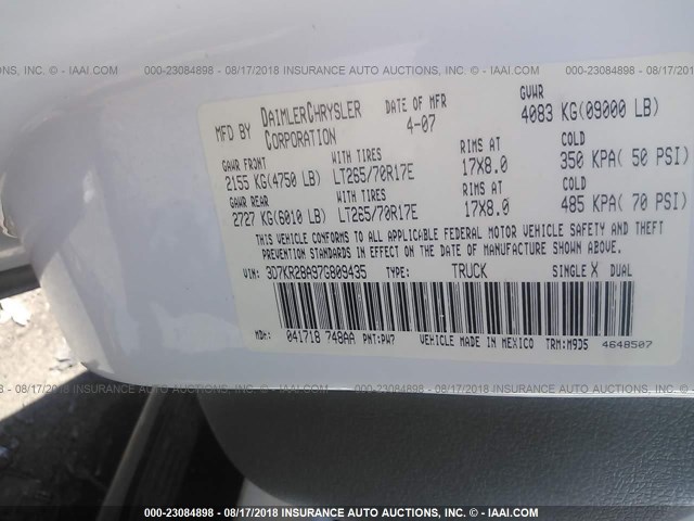 3D7KR28A97G809435 - 2007 DODGE RAM 2500 ST/SLT 白色 照片 9