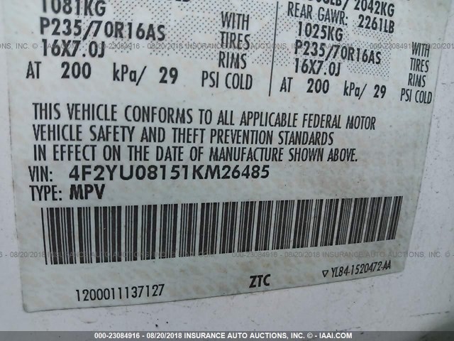 4F2YU08151KM26485 - 2001 MAZDA TRIBUTE LX/ES 白色 照片 9