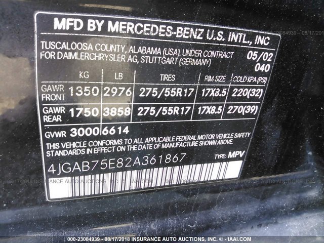 4JGAB75E82A361867 - 2002 MERCEDES-BENZ ML 500 BLACK photo 9