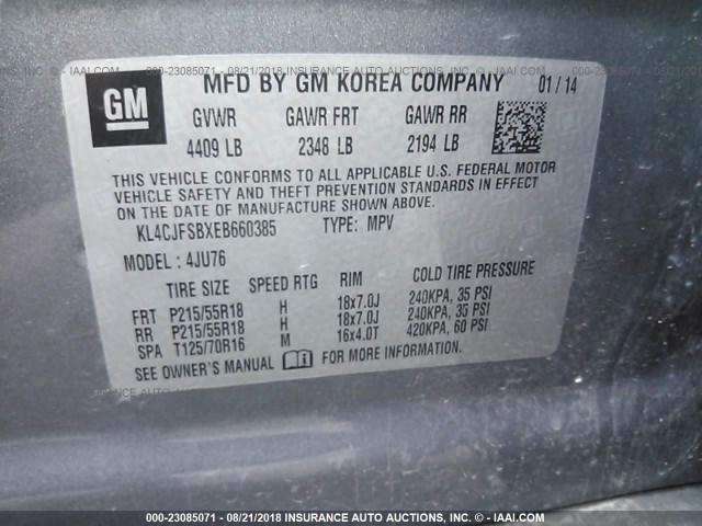 KL4CJFSBXEB660385 - 2014 BUICK ENCORE CONVENIENCE GRAY photo 9