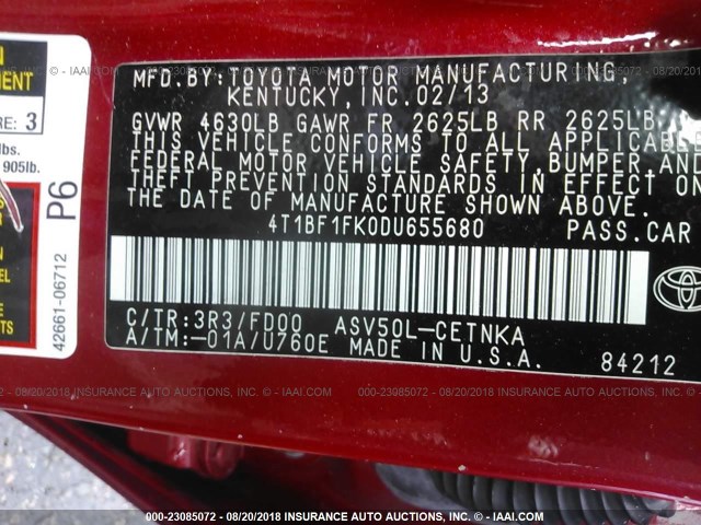 4T1BF1FK0DU655680 - 2013 TOYOTA CAMRY L/SE/LE/XLE RED photo 9