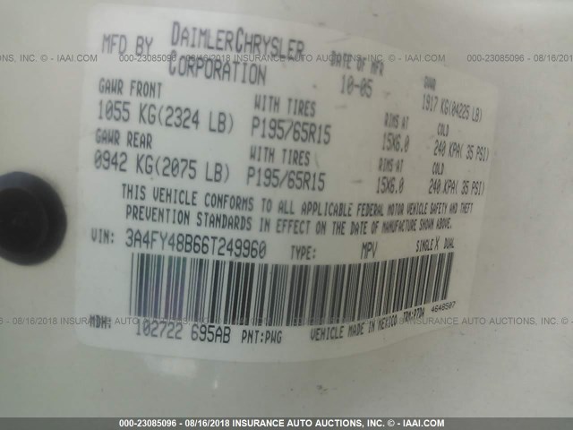 3A4FY48B66T249960 - 2006 CHRYSLER PT CRUISER WHITE photo 9