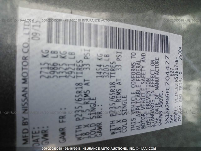 5N1AR2MN6FC704427 - 2015 NISSAN PATHFINDER S/SV/SL/PLATINUM GRAY photo 9
